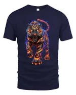 Fiery Tiger Neon Flame Graphic T Shirt Powerful Wild Energy Art - navy t-shirt on white background