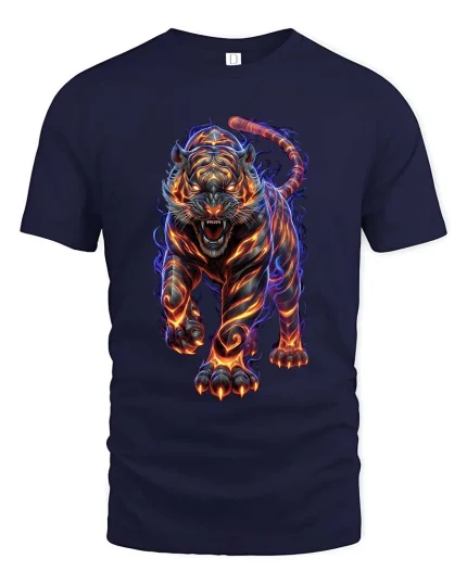 Fiery Tiger Neon Flame Graphic T Shirt Powerful Wild Energy Art - navy t-shirt on white background