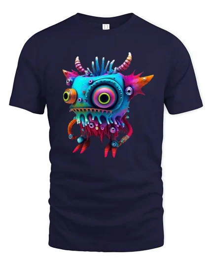 Funny Colorful Monster Cartoon Graphic T Shirt Cute Weird Creature - navy t-shirt on white background
