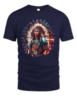 Native Chief Feather Headdress Colorful Cultural Art T Shirt - navy t-shirt on white background