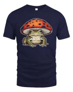 Cute Frog Under Mushroom Graphic T Shirt Whimsical Nature Art - navy t-shirt on white background