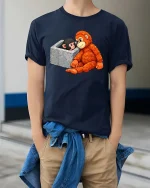 Cute Monkey Rescue Moment Cartoon Animal Love T Shirt - model wearing navy tee with hands in pockets