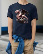 Fantasy Dragon Hatching Egg Graphic T Shirt Mythical Creature Art - model wearing navy tee with hands in pockets