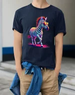 Cool Neon Zebra With Sunglasses Graphic T Shirt Retro Style - model wearing navy tee with hands in pockets