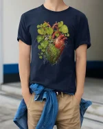 Human Heart With Nature Roots Leaves Graphic T Shirt Artistic Style - model wearing navy tee with hands in pockets