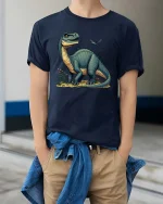 Cute Dinosaur Cartoon Graphic T Shirt Retro Prehistoric Style - model wearing navy tee with hands in pockets
