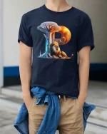 Letter P Lion Tree Nature Scene Graphic T Shirt Artistic Style - model wearing navy tee with hands in pockets
