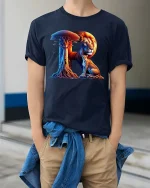 Alphabet R Lion And Cub Nature Graphic T Shirt Artistic Design - model wearing navy tee with hands in pockets