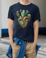 Cactus Heart Anatomy Graphic T Shirt Desert Nature Artistic Style - model wearing navy tee with hands in pockets