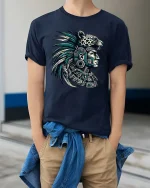 Aztec Warrior Jaguar Headdress Graphic T Shirt Tribal Art Style - model wearing navy tee with hands in pockets
