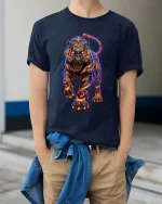 Fiery Tiger Neon Flame Graphic T Shirt Powerful Wild Energy Art - model wearing navy tee with hands in pockets