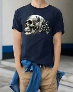 Skull Biker Highway Ride Vintage Motorcycle Graphic T Shirt - model wearing navy tee with hands in pockets
