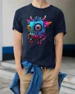 Funny Colorful Monster Cartoon Graphic T Shirt Cute Weird Creature - model wearing navy tee with hands in pockets