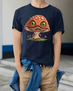 Creepy Cute Mushroom Monster Big Eyes Fantasy Graphic T Shirt - model wearing navy tee with hands in pockets