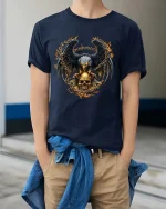 Fierce Eagle Skull Chain Flame Gothic Biker Graphic T Shirt - model wearing navy tee with hands in pockets