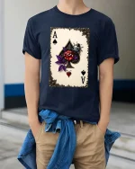 Ace of Spades Lucky Dice Ladybug Graphic T Shirt Fun Vibes - model wearing navy tee with hands in pockets