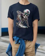 Cyberpunk Robot Skull Sneaker Graphic T Shirt Futuristic Style - model wearing navy tee with hands in pockets