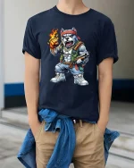 Angry Bulldog Gangster Fire Fist Graphic T Shirt Street Style - model wearing navy tee with hands in pockets