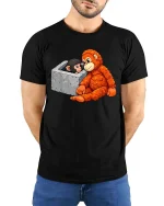 Cute Monkey Rescue Moment Cartoon Animal Love T Shirt - model wearing black tee with hands behind back