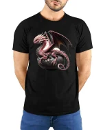 Fantasy Dragon Hatching Egg Graphic T Shirt Mythical Creature Art - model wearing black tee with hands behind back