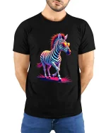 Cool Neon Zebra With Sunglasses Graphic T Shirt Retro Style - model wearing black tee with hands behind back