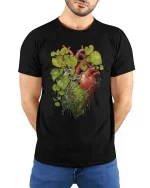 Human Heart With Nature Roots Leaves Graphic T Shirt Artistic Style - model wearing black tee with hands behind back