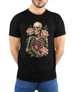 Skeleton Holding Heart With Flowers Graphic T Shirt Gothic Art - model wearing black tee with hands behind back