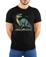 Cute Dinosaur Cartoon Graphic T Shirt Retro Prehistoric Style - model wearing black tee with hands behind back