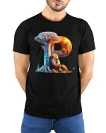 Letter P Lion Tree Nature Scene Graphic T Shirt Artistic Style - model wearing black tee with hands behind back