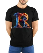 Alphabet R Lion And Cub Nature Graphic T Shirt Artistic Design - model wearing black tee with hands behind back