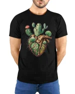 Cactus Heart Anatomy Graphic T Shirt Desert Nature Artistic Style - model wearing black tee with hands behind back