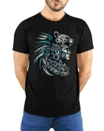 Aztec Warrior Jaguar Headdress Graphic T Shirt Tribal Art Style - model wearing black tee with hands behind back