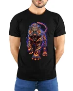 Fiery Tiger Neon Flame Graphic T Shirt Powerful Wild Energy Art - model wearing black tee with hands behind back