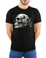 Skull Biker Highway Ride Vintage Motorcycle Graphic T Shirt - model wearing black tee with hands behind back