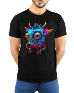 Funny Colorful Monster Cartoon Graphic T Shirt Cute Weird Creature - model wearing black tee with hands behind back