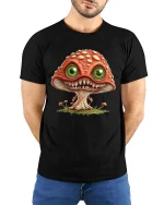 Creepy Cute Mushroom Monster Big Eyes Fantasy Graphic T Shirt - model wearing black tee with hands behind back