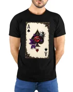 Ace of Spades Lucky Dice Ladybug Graphic T Shirt Fun Vibes - model wearing black tee with hands behind back