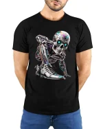Cyberpunk Robot Skull Sneaker Graphic T Shirt Futuristic Style - model wearing black tee with hands behind back