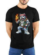 Angry Bulldog Gangster Fire Fist Graphic T Shirt Street Style - model wearing black tee with hands behind back