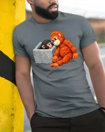 Cute Monkey Rescue Moment Cartoon Animal Love T Shirt - model wearing grey tee, leaning on column