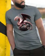 Fantasy Dragon Hatching Egg Graphic T Shirt Mythical Creature Art - model wearing grey tee, leaning on column