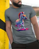 Cool Neon Zebra With Sunglasses Graphic T Shirt Retro Style - model wearing grey tee, leaning on column