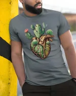 Cactus Heart Anatomy Graphic T Shirt Desert Nature Artistic Style - model wearing grey tee, leaning on column