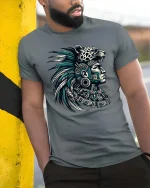 Aztec Warrior Jaguar Headdress Graphic T Shirt Tribal Art Style - model wearing grey tee, leaning on column