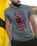 Fiery Tiger Neon Flame Graphic T Shirt Powerful Wild Energy Art - model wearing grey tee, leaning on column