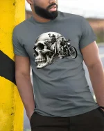 Skull Biker Highway Ride Vintage Motorcycle Graphic T Shirt - model wearing grey tee, leaning on column