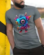 Funny Colorful Monster Cartoon Graphic T Shirt Cute Weird Creature - model wearing grey tee, leaning on column