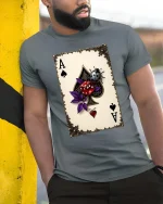 Ace of Spades Lucky Dice Ladybug Graphic T Shirt Fun Vibes - model wearing grey tee, leaning on column