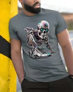Cyberpunk Robot Skull Sneaker Graphic T Shirt Futuristic Style - model wearing grey tee, leaning on column