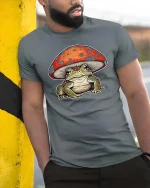 Cute Frog Under Mushroom Graphic T Shirt Whimsical Nature Art - model wearing grey tee, leaning on column
